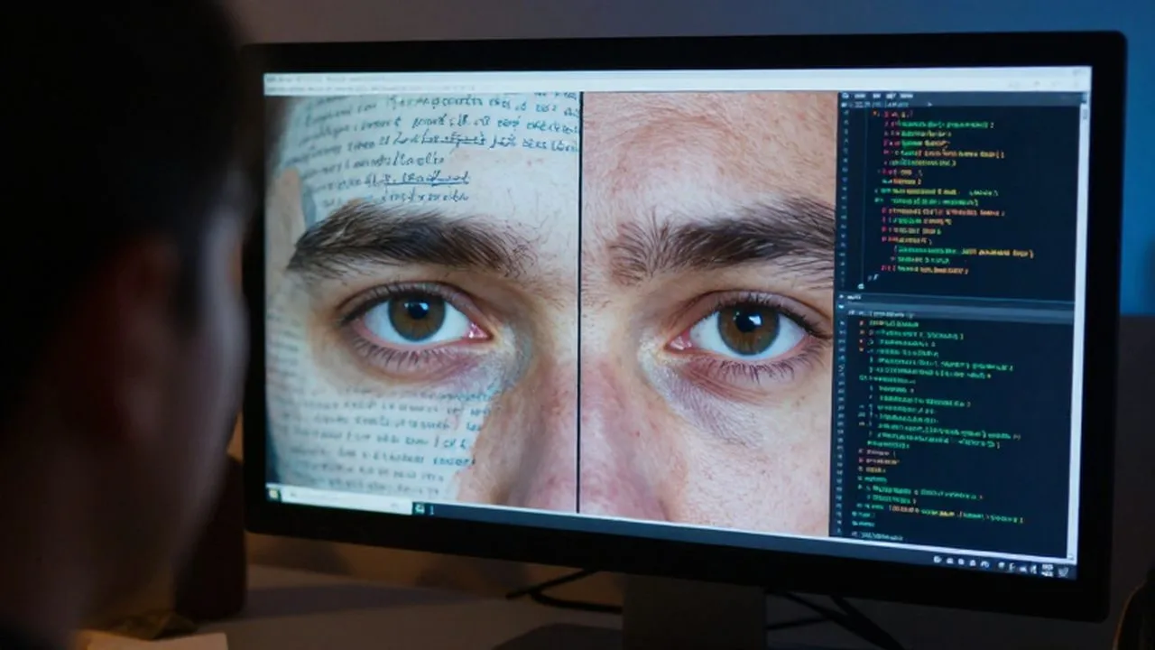 Primer plano de los ojos de una persona reflejados en un monitor que muestra una comparación entre escritura manual y código digital.