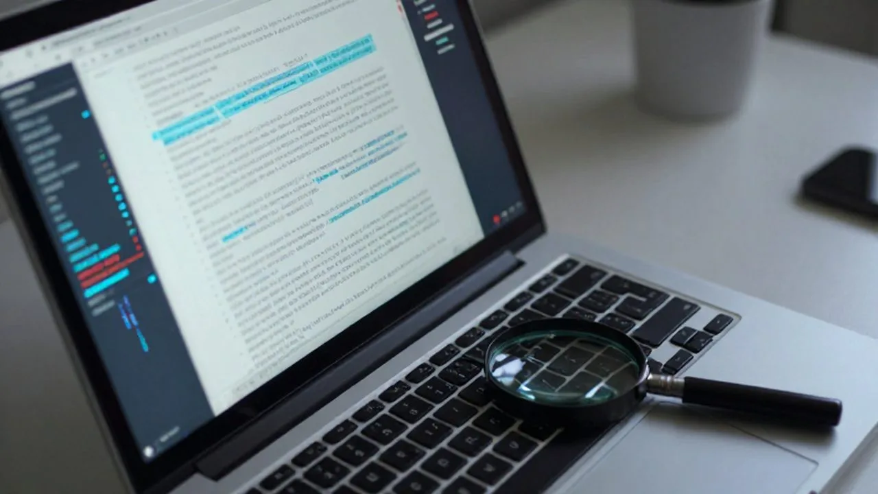 Pantalla de portátil con un documento analizado y patrones de datos digitales sobre un escritorio.