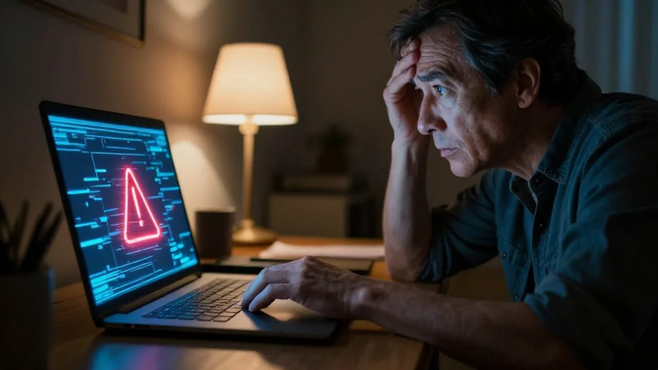 Persona con expresión preocupada observa una alerta roja y fallos digitales en su portátil.