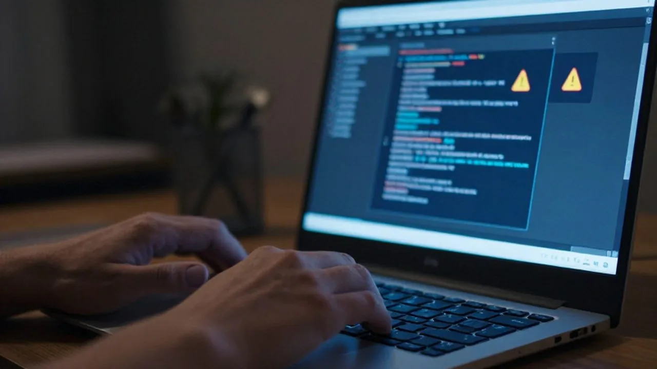 Manos de una persona sobre un teclado frente a una pantalla con ventanas de error de sistema.