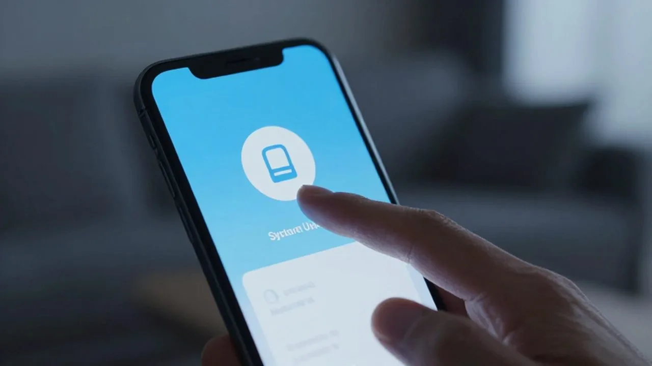 Un dedo duda al tocar la pantalla de un smartphone con un aviso de actualización.