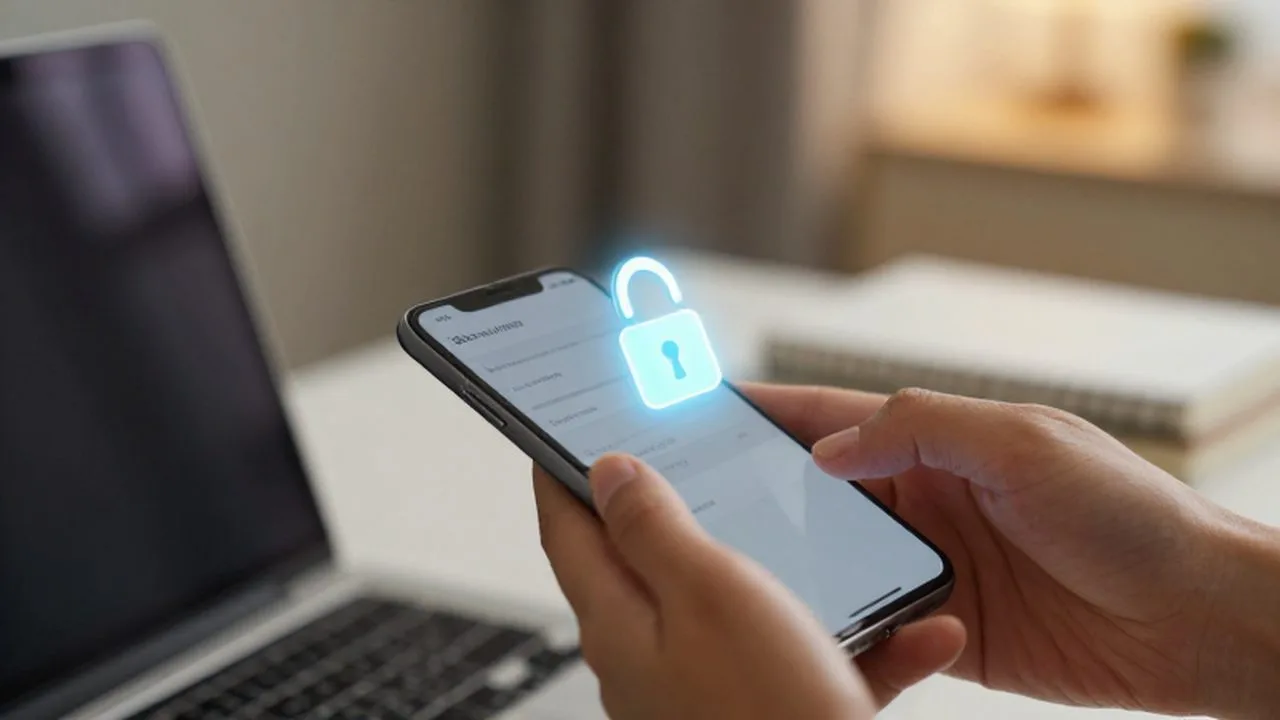 Manos sosteniendo un smartphone con un icono de candado holográfico sobre la pantalla.