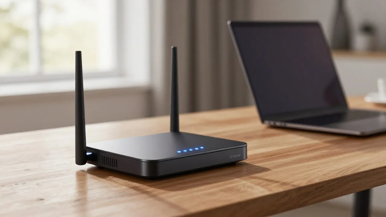 Router inalámbrico moderno con luces LED azules sobre un escritorio de madera en una oficina luminosa.