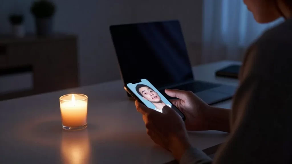 Persona en una oficina en casa a oscuras iluminada por una vela y un móvil.