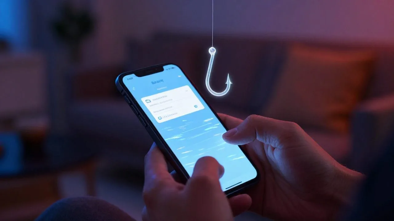 Manos sosteniendo un teléfono con un anzuelo digital sobre una notificación bancaria falsa.