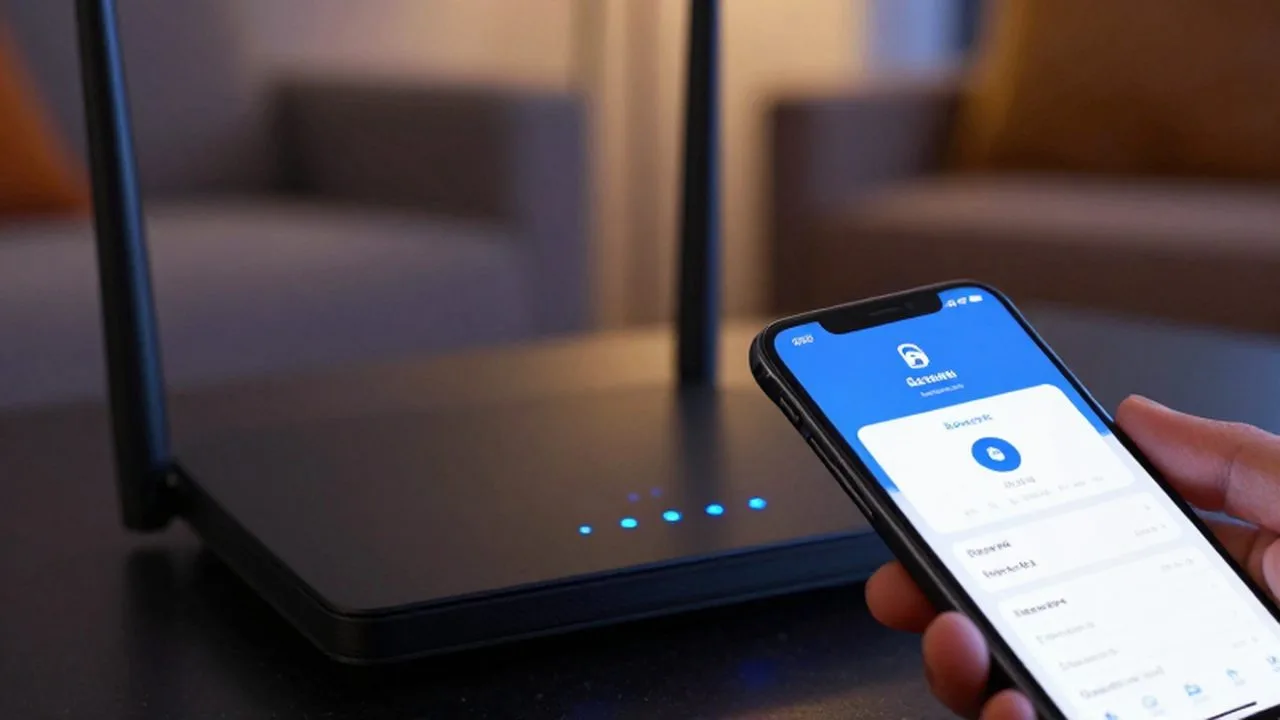 Router moderno con luces azules junto a una mano sosteniendo un smartphone con una aplicación de gestión de red.