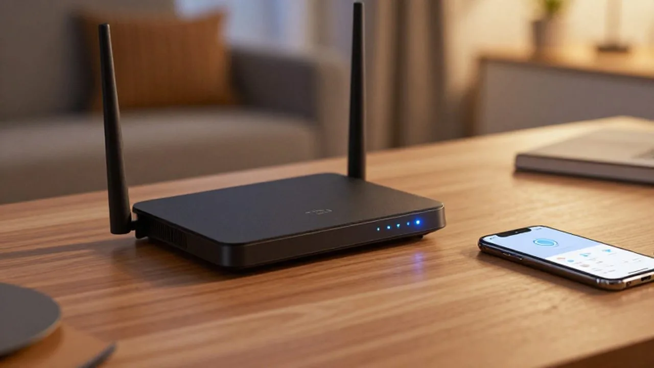 Router moderno con luces azules sobre un escritorio de madera junto a un smartphone.