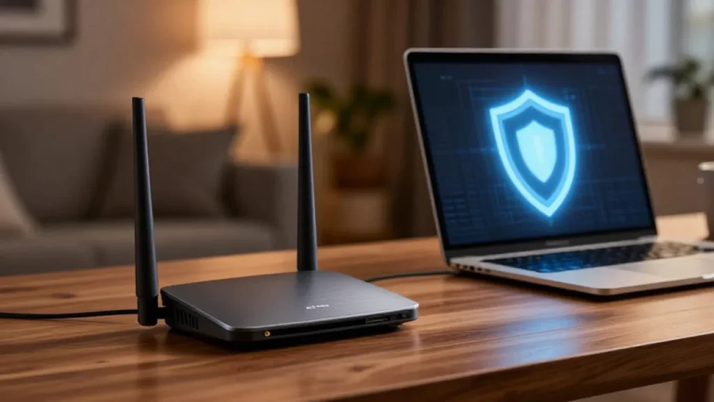Router inalámbrico sobre un escritorio de madera junto a un portátil con un icono de seguridad digital.