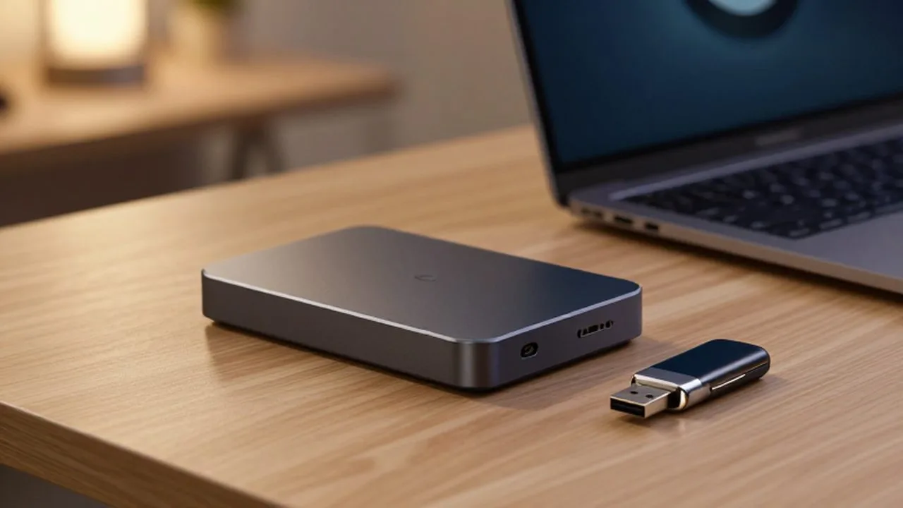 Disco duro externo y memoria USB encendida sobre un escritorio de madera junto a un portátil.