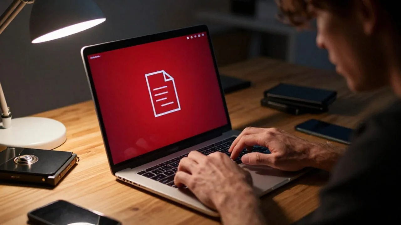Manos tensas frente a una computadora con un error crítico de archivo en una oficina nocturna.