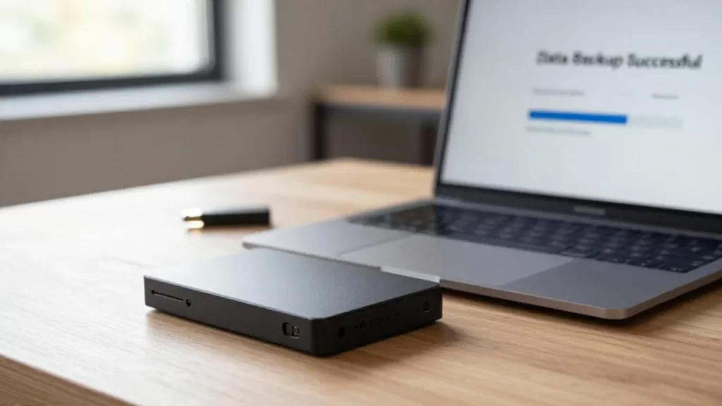 Portátil con aviso de copia de seguridad completada junto a un disco duro externo en un escritorio de madera.