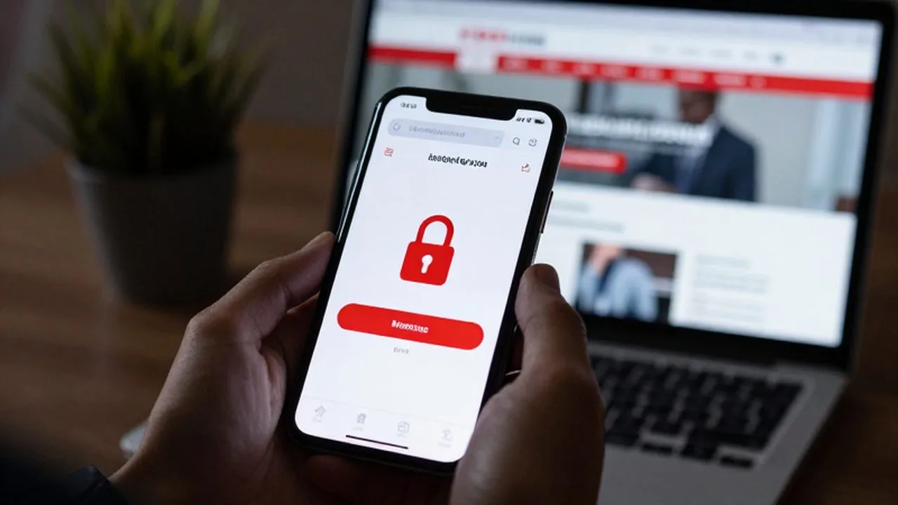 Mano sosteniendo un smartphone con una alerta de seguridad roja frente a un sitio web fraudulento.