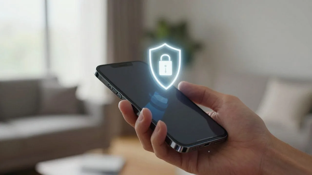 Persona sosteniendo un smartphone con un icono de escudo digital brillante sobre la pantalla.