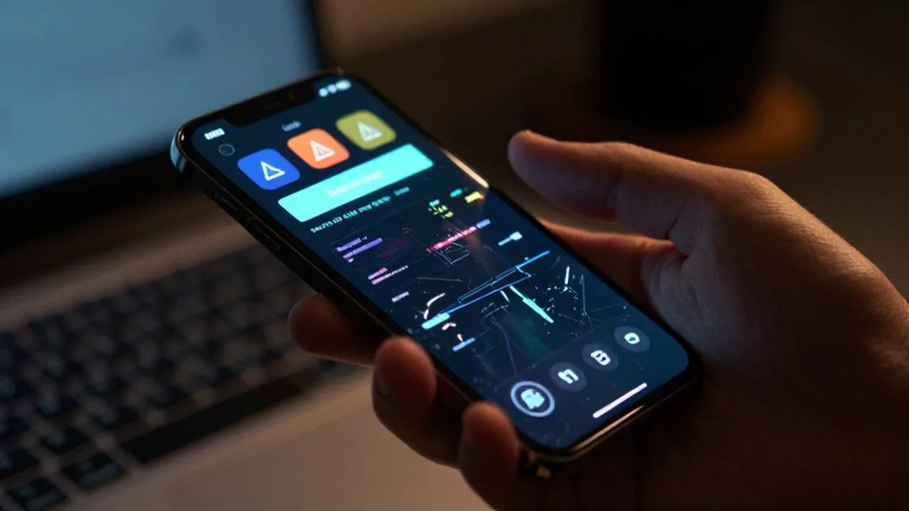 Mano sosteniendo un smartphone con la pantalla mostrando errores digitales y avisos de advertencia.