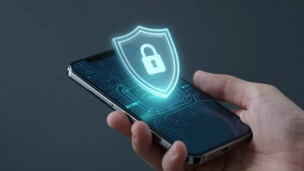 Mano sosteniendo un smartphone moderno con un icono de escudo digital brillante sobre la pantalla.