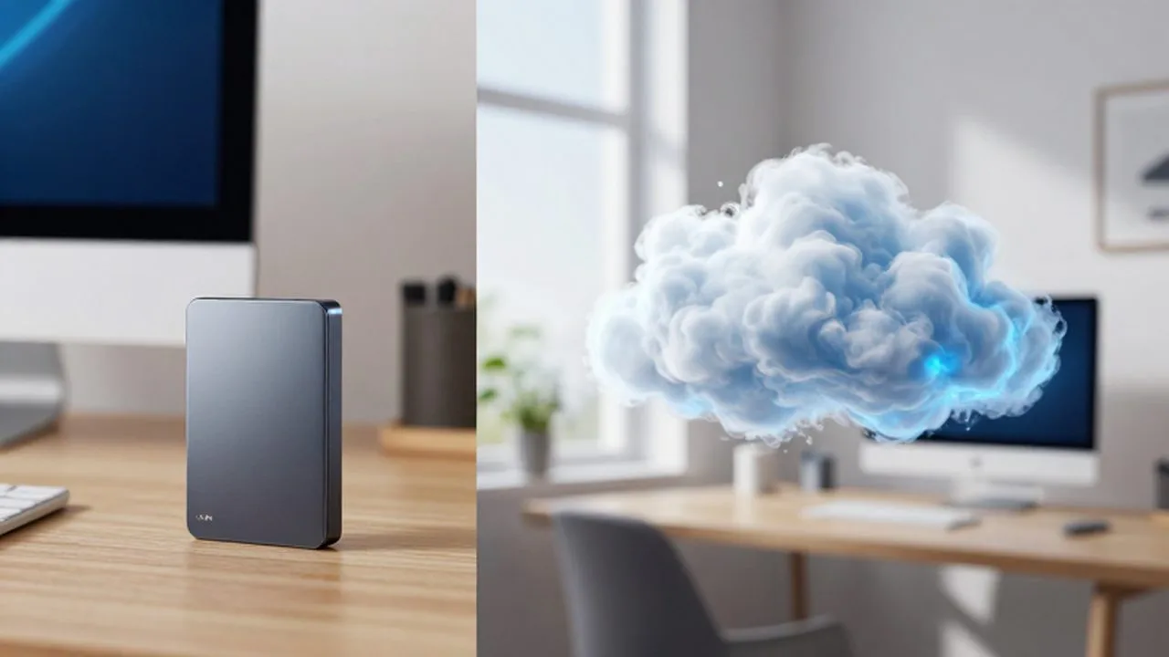 Pantalla dividida que muestra un disco duro físico junto a una representación digital de la nube.