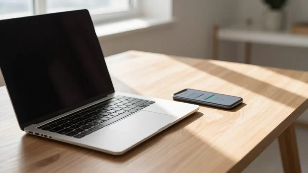 Laptop plateada y smartphone con barra de carga sobre un escritorio de madera clara.