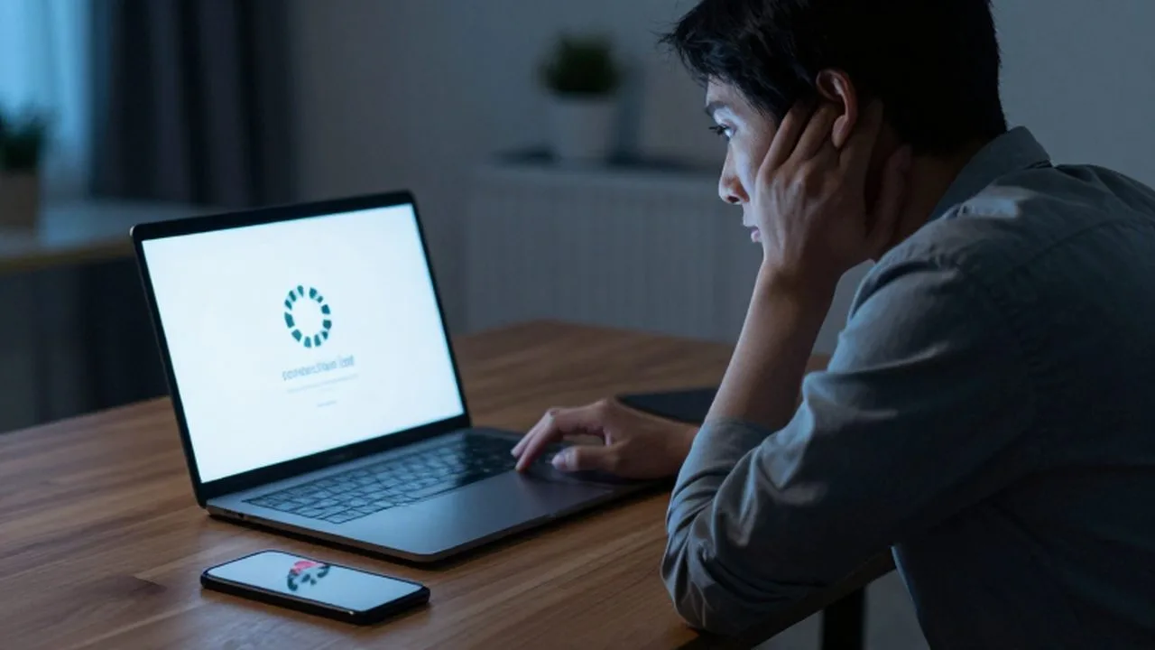 Persona preocupada frente a un portátil con error de conexión en una oficina en casa.