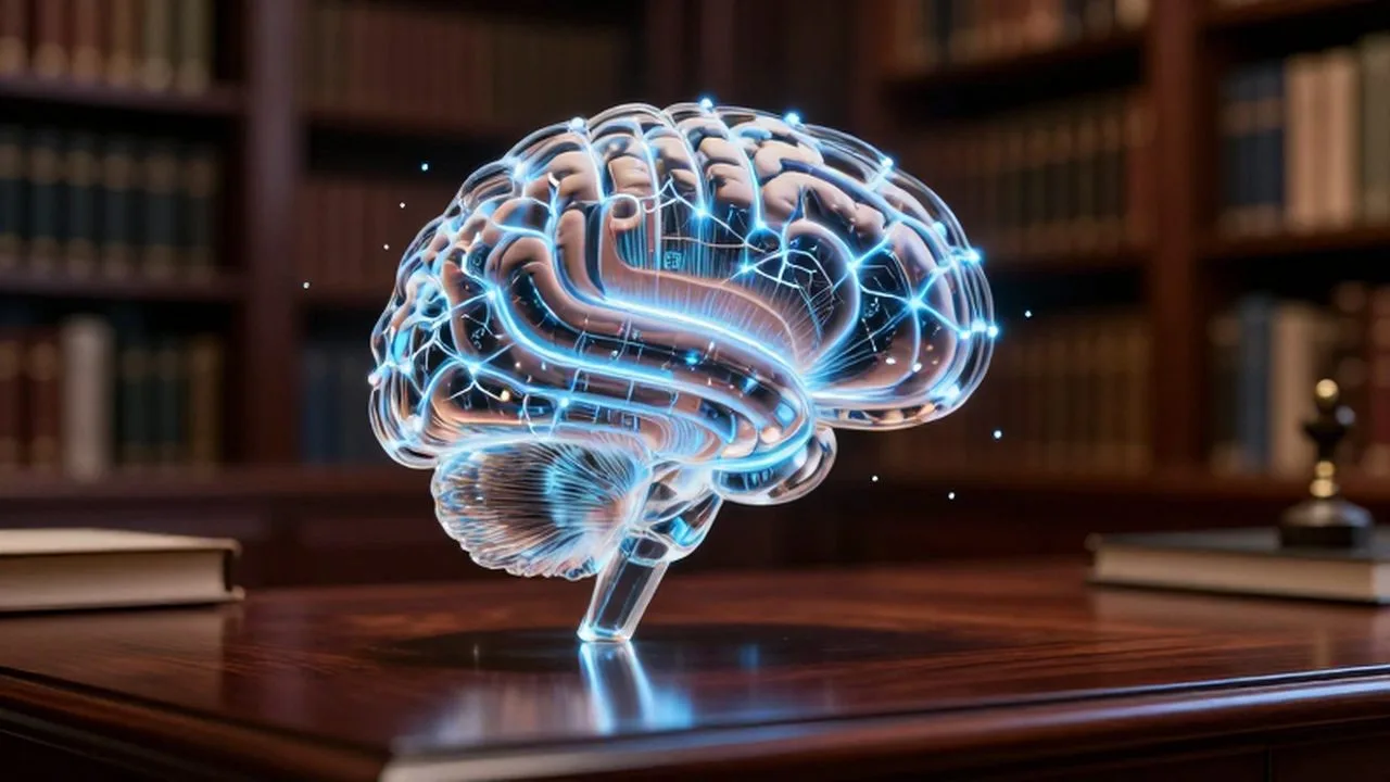 Escultura de cristal con forma de cerebro humano con redes de luz azul sobre un escritorio de madera.