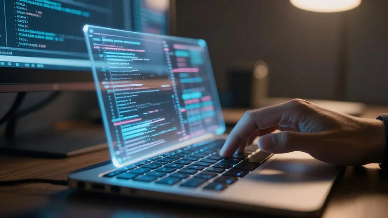 Mano de una persona sobre un teclado iluminado frente a una pantalla holográfica con errores de código.