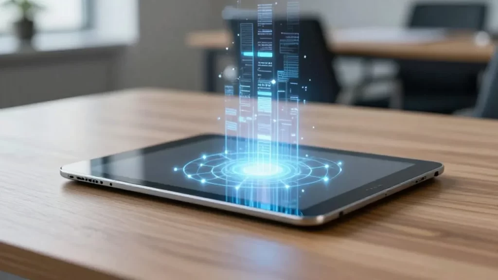 Tableta de cristal transparente con una interfaz holográfica de datos sobre un escritorio de madera.