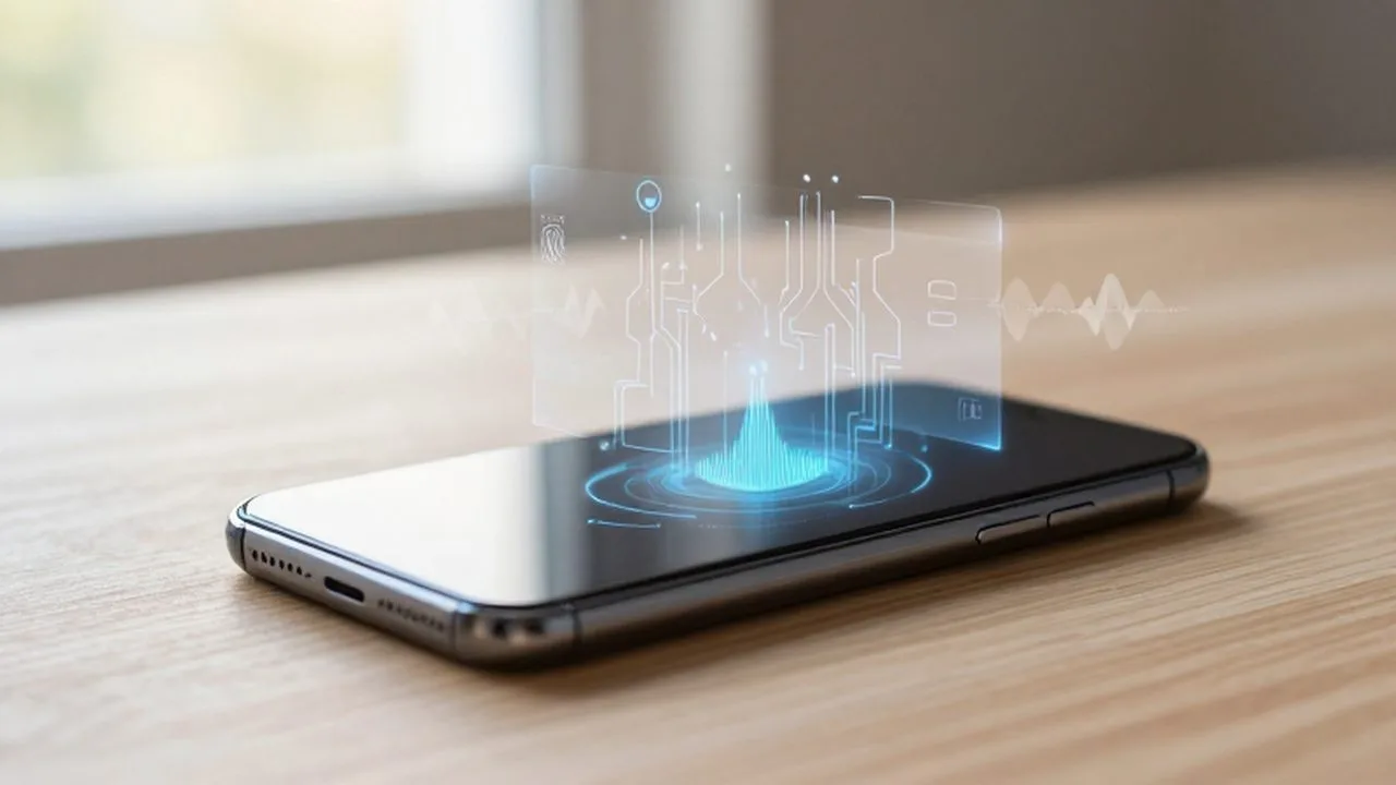 Smartphone sobre un escritorio de madera con hologramas de circuitos y sensores tecnológicos.