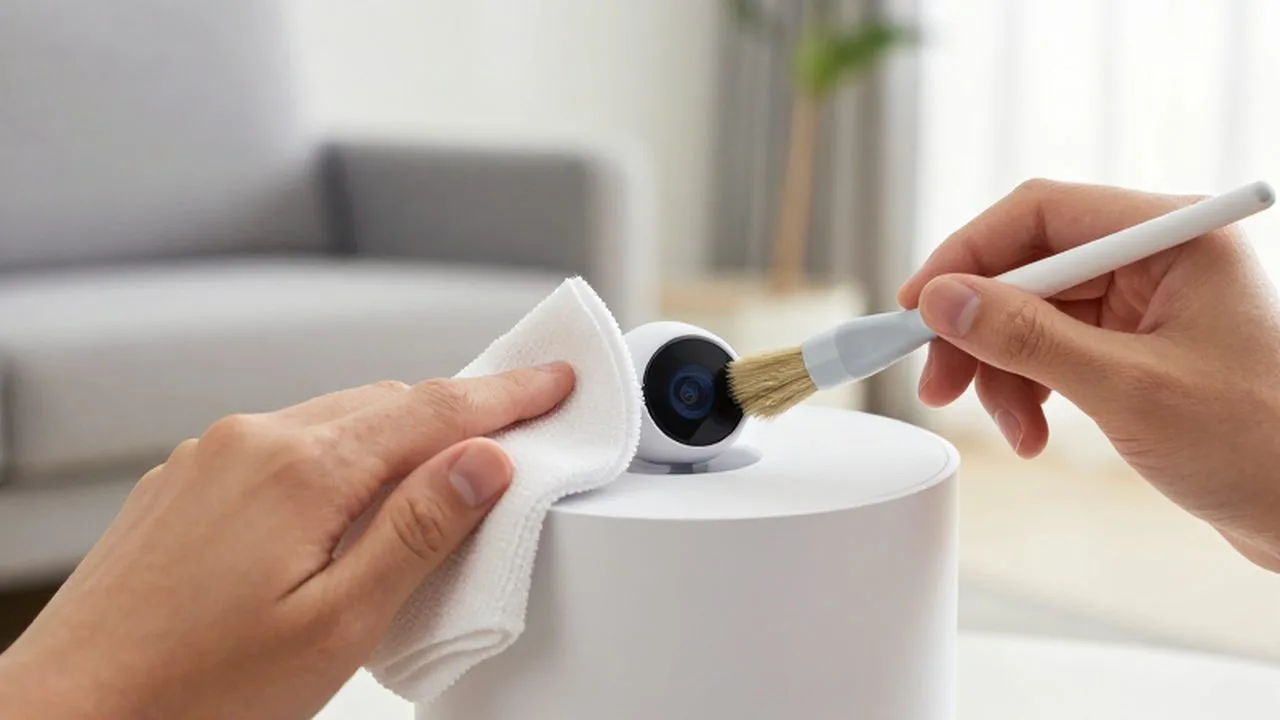 Manos limpiando con cuidado el sensor de movimiento de un dispositivo inteligente blanco.