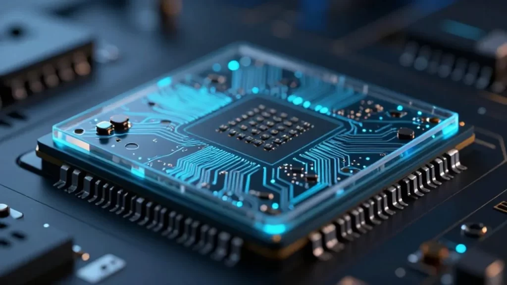 Primer plano de un chip semiconductor con circuitos detallados que brillan con luz azul.