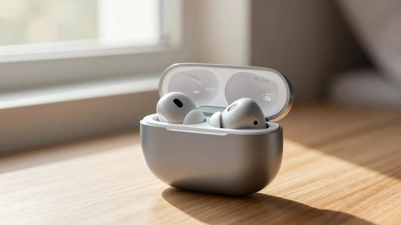 Auriculares inalámbricos premium en su estuche de carga sobre una mesa de madera con luz matutina.