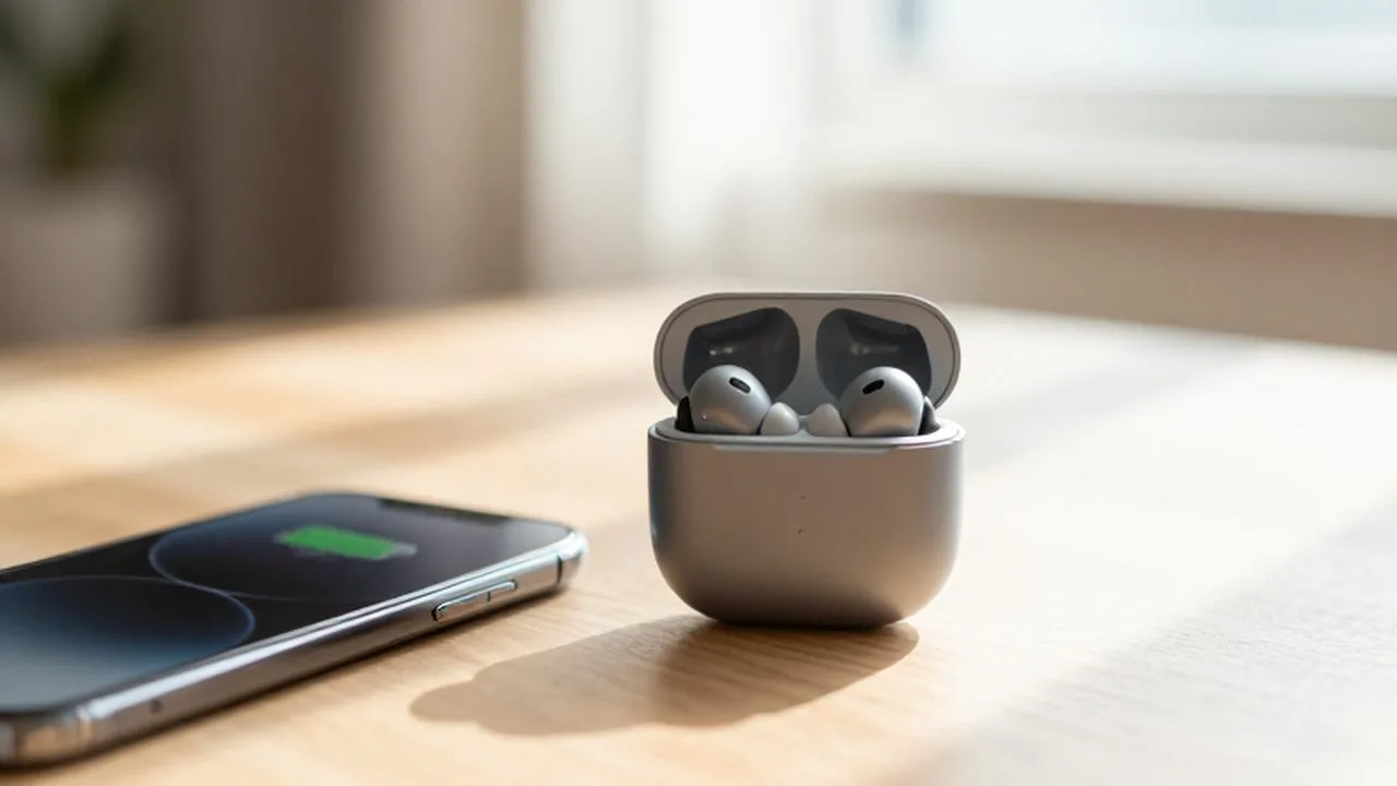 Auriculares inalámbricos en su estuche junto a un smartphone sobre un escritorio de madera iluminado por el sol.