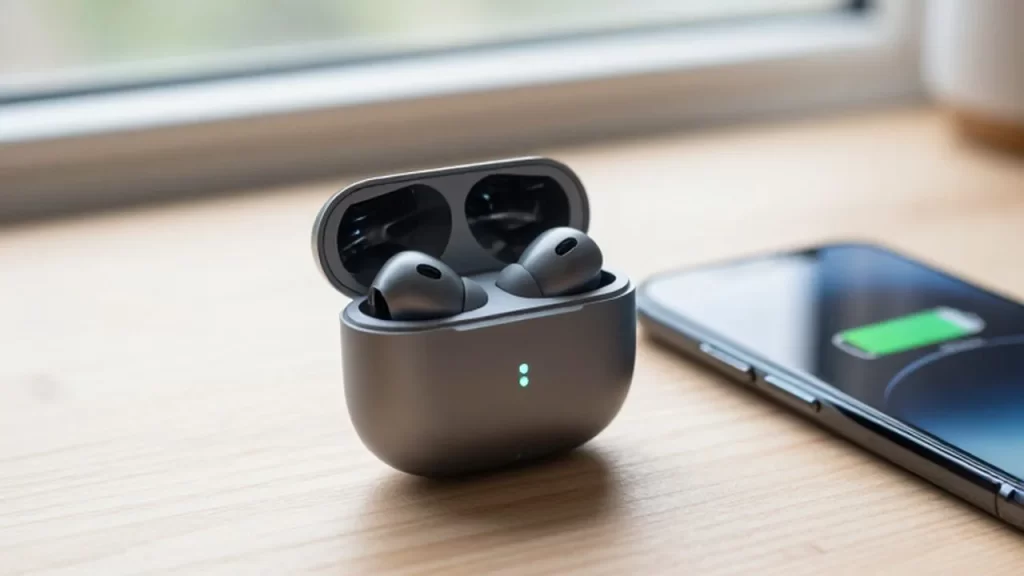 Auriculares inalámbricos en su estuche de carga junto a un smartphone sobre un escritorio de madera.