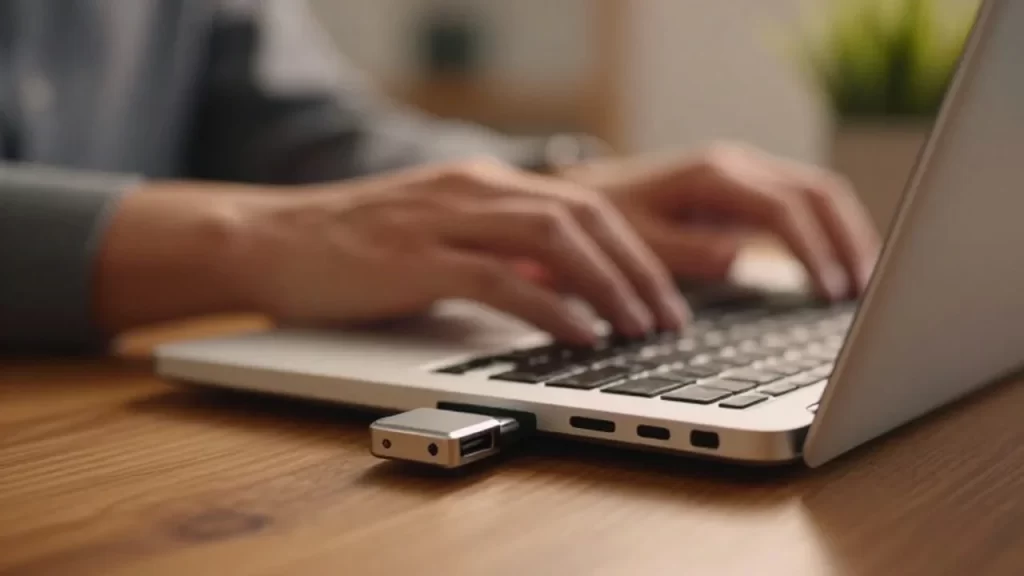 Manos tecleando en un portátil con una llave de seguridad metálica conectada al puerto USB.