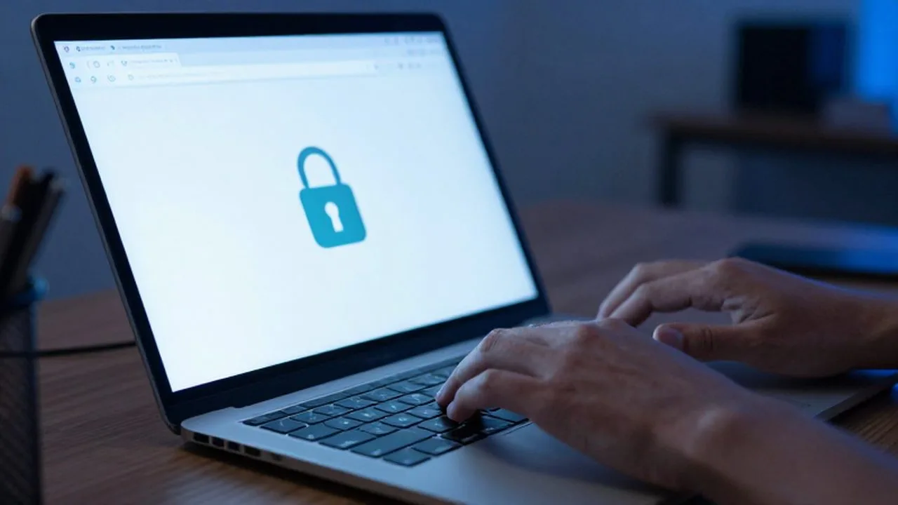 Manos escribiendo en un portátil en una oficina oscura con un icono de seguridad en pantalla.