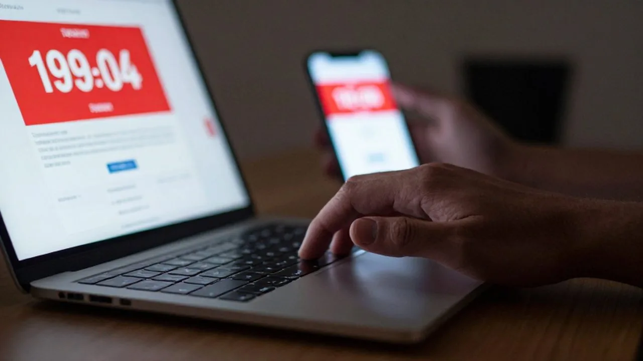 Mano de una persona dudando sobre un teclado junto a un teléfono con un aviso de alerta roja.
