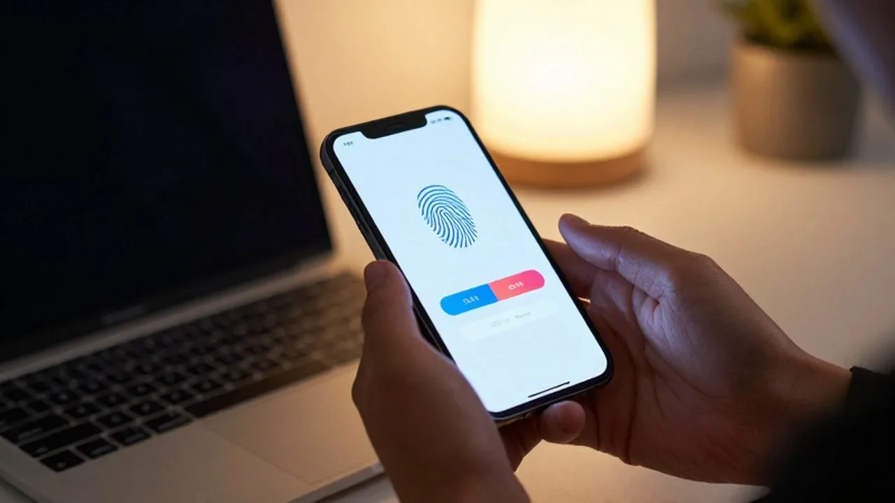 Manos sosteniendo un smartphone con una interfaz de verificación digital y autenticación de dos factores.