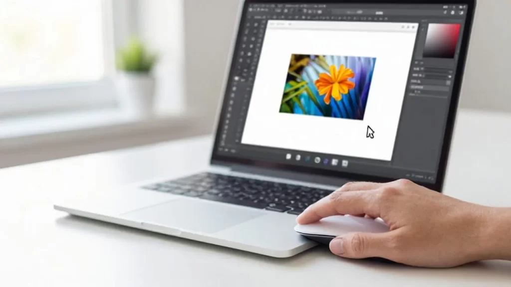 Una mano arrastra una fotografía colorida a un documento en la pantalla de una laptop.