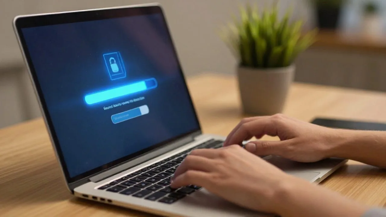 Manos escribiendo en un portátil con una barra de progreso azul de instalación de software.