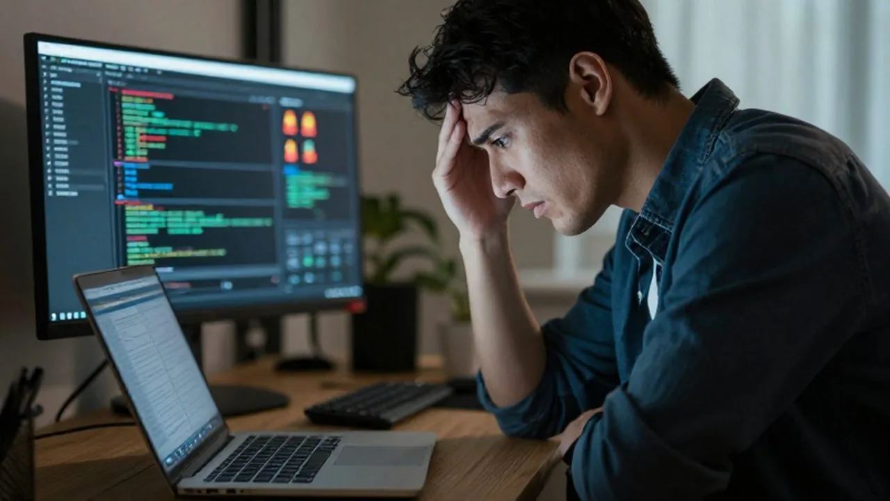 Persona estresada frente a un ordenador con mensajes de error en la pantalla.