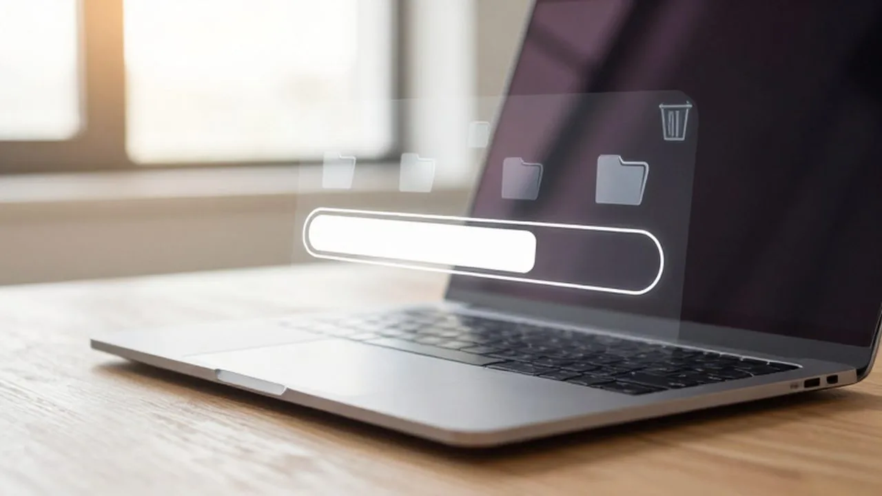 Portátil sobre un escritorio de madera con una interfaz digital de limpieza de archivos.