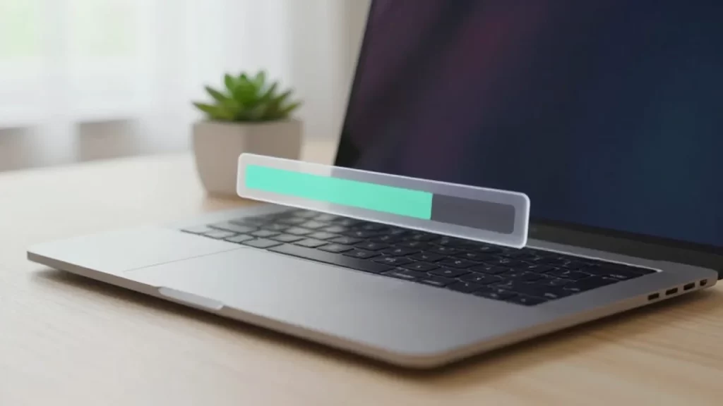 Laptop moderno sobre un escritorio de madera con una barra de progreso digital flotando sobre el teclado.