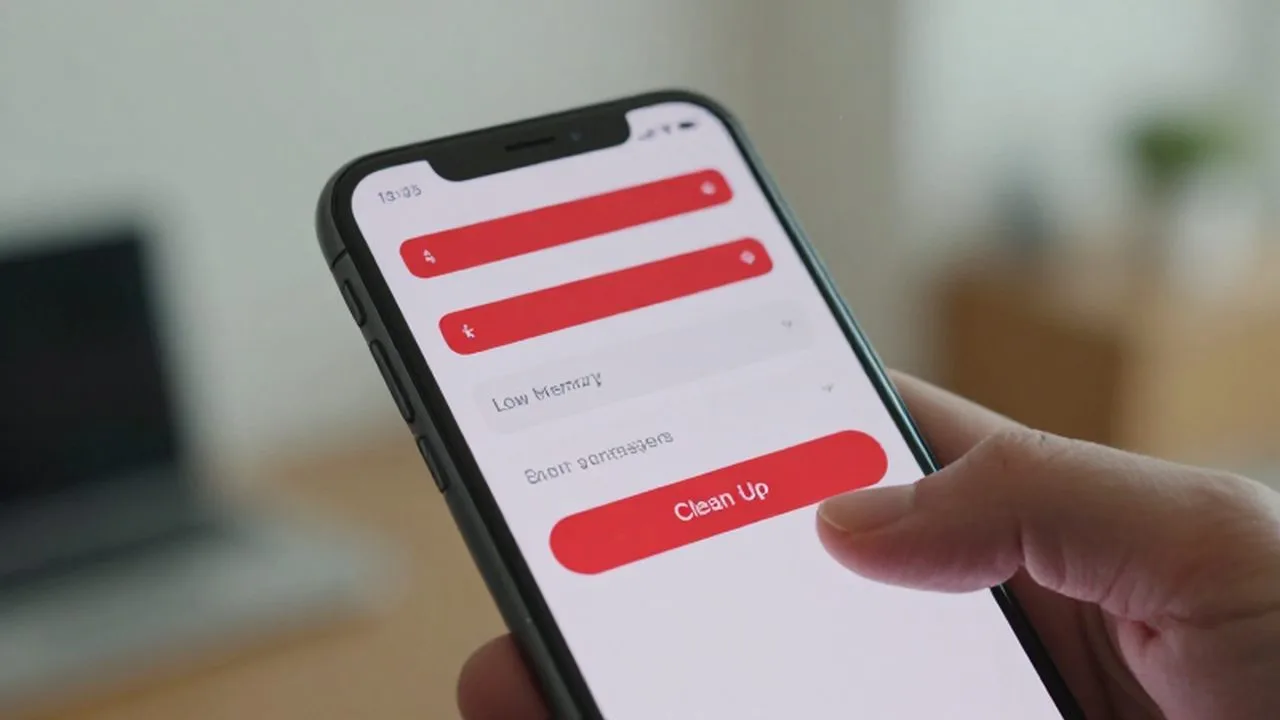 Dedo a punto de presionar el botón de limpieza en un smartphone con memoria llena.
