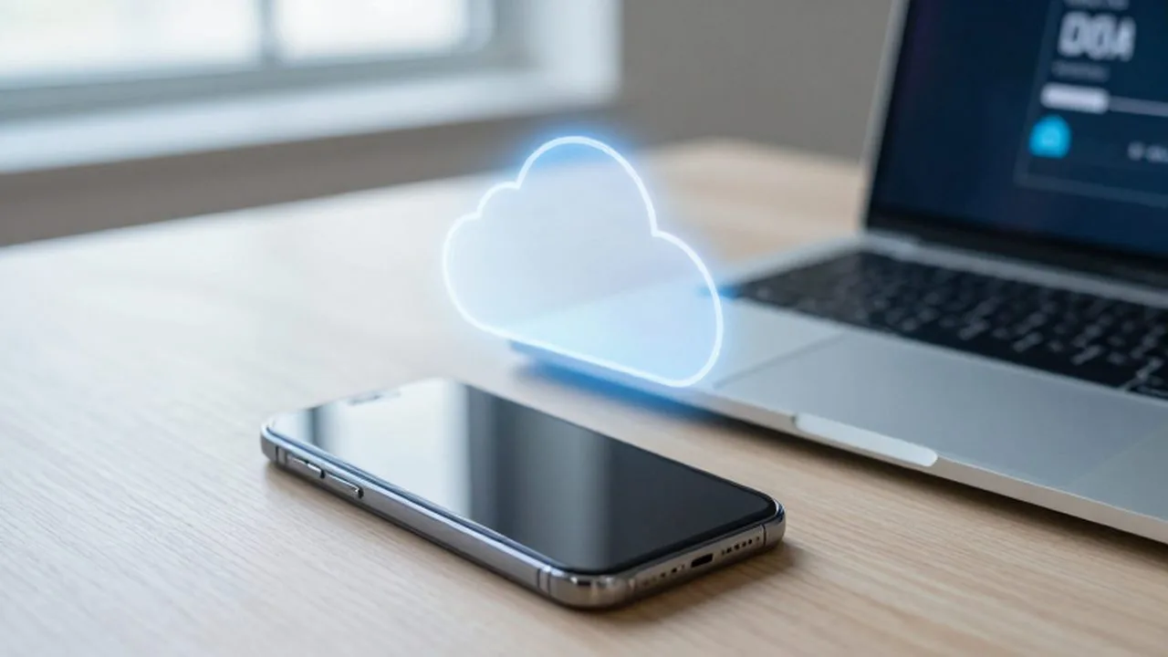 Laptop y smartphone sobre un escritorio de madera con un icono de nube digital proyectado.