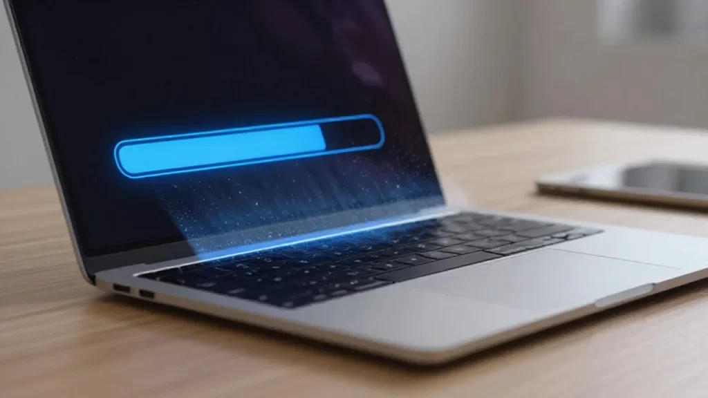 Laptop moderna en un escritorio de madera con un efecto digital de limpieza de archivos.