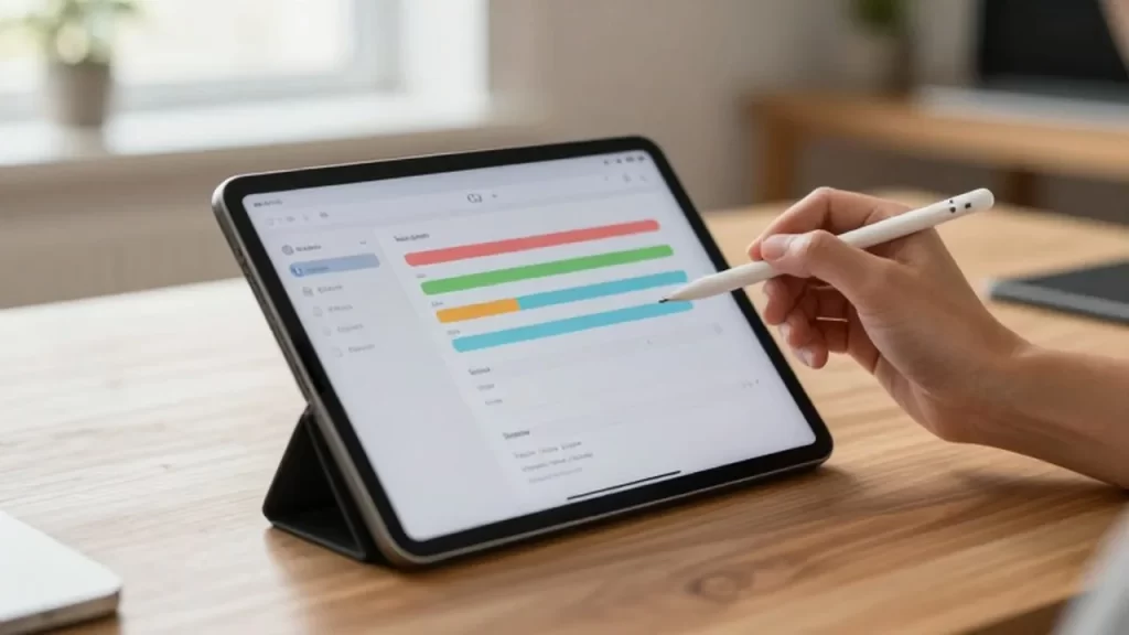Una mano sostiene un lápiz digital frente a una tableta con gráficos de gestión de almacenamiento.