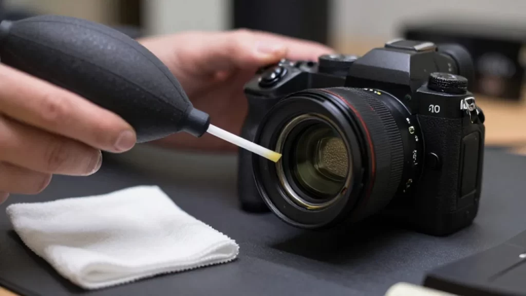 Unas manos limpian con cuidado el sensor de una cámara mirrorless profesional usando un soplador.