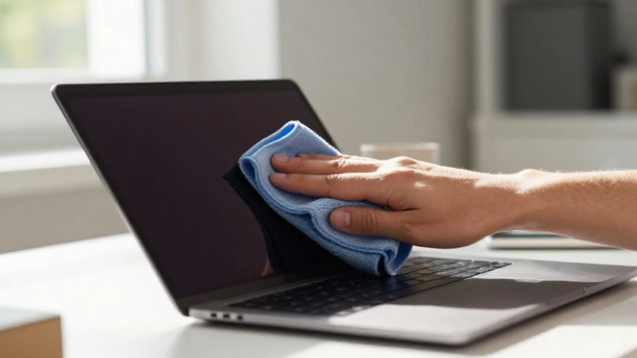 Una mano limpia la pantalla de un ordenador portátil moderno con un paño de microfibra.