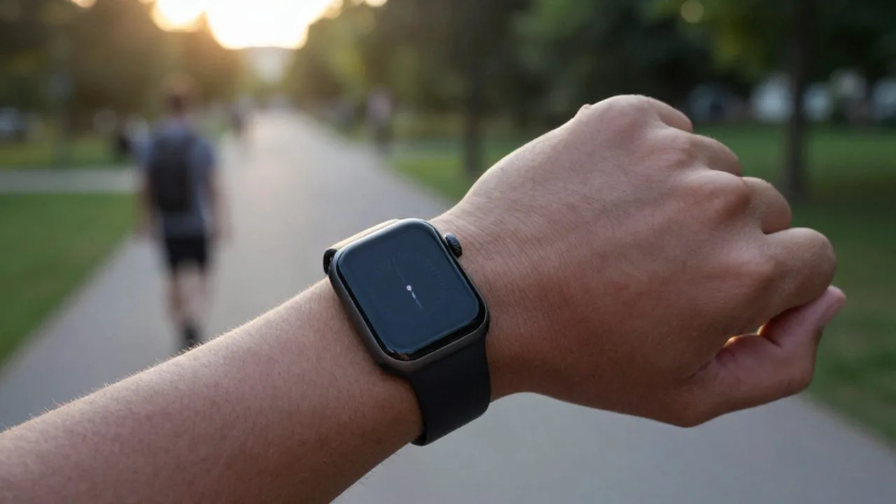 Primer plano de una muñeca con un reloj inteligente que muestra un error en el contador de pasos mientras alguien camina por un parque.