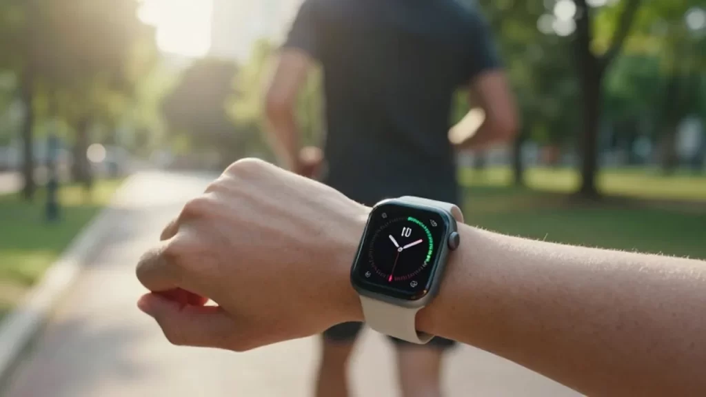 Reloj inteligente mostrando el contador de pasos en la muñeca de una persona que corre por un parque.