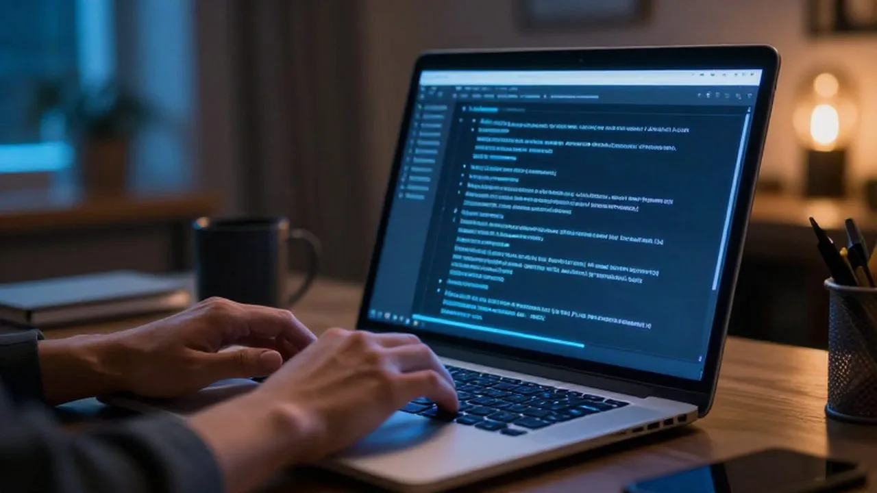 Manos escribiendo en un teclado retroiluminado frente a una pantalla con texto de inteligencia artificial.