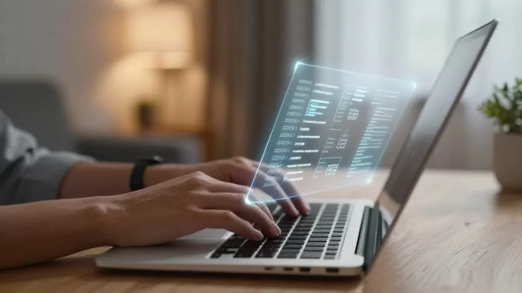 Manos de una persona escribiendo en un portátil con estructuras de código digital flotando sobre el teclado.